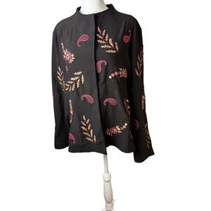 Ann Trinity‎ Black Button Up Jacket Sz XL Beaded Floral Embroidered Paisley